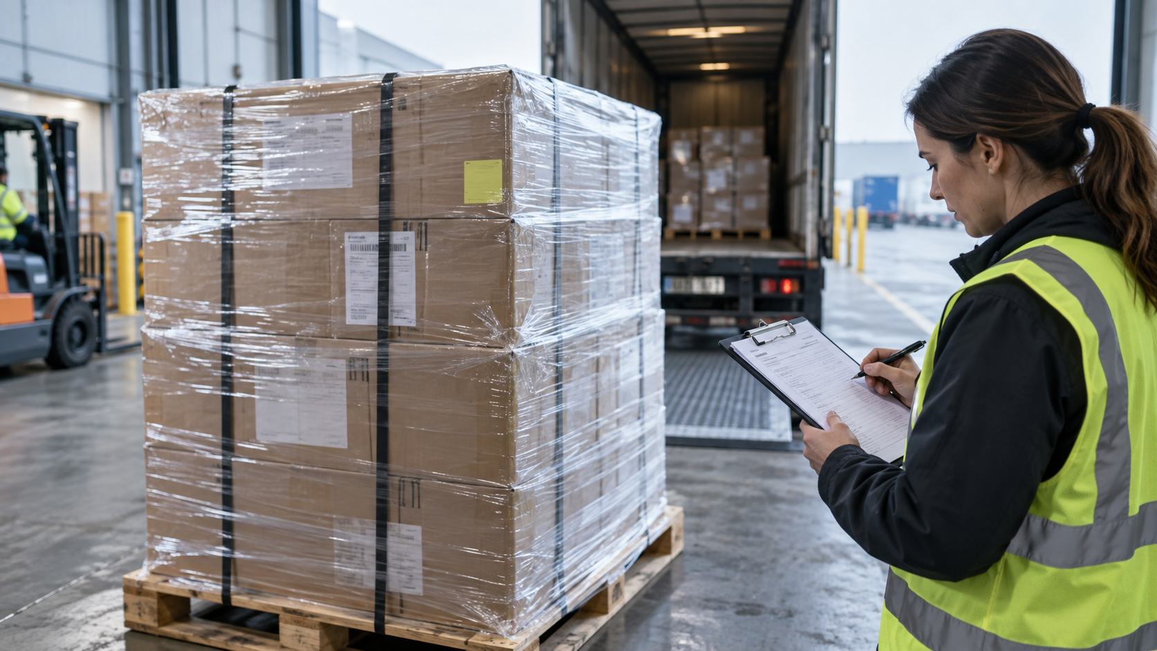 A bill of lading resting beside sealed cartons at a shipping desk.