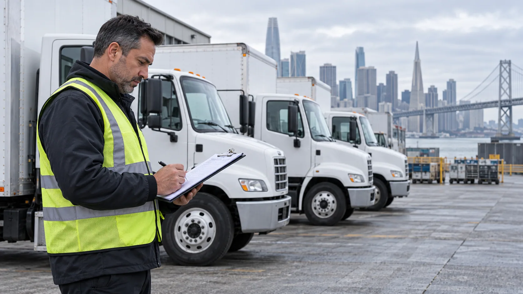 Dispatch board and delivery vehicles used to illustrate a trucking insurance review.