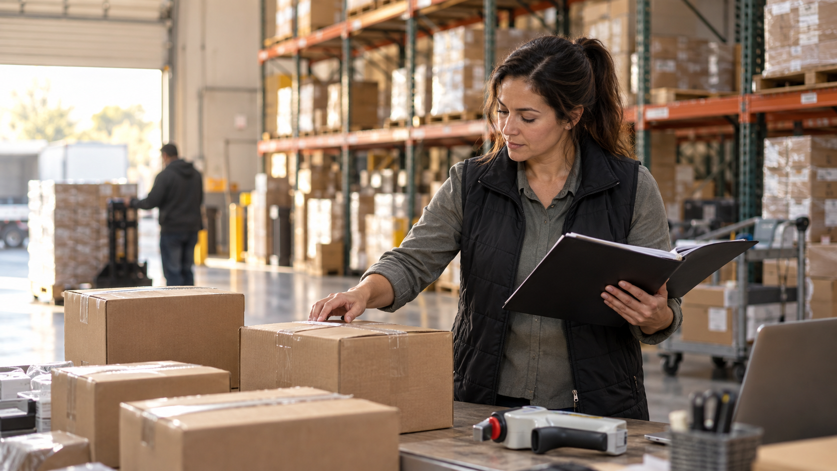 A warehouse manager reviewing product labels and delivery paperwork.