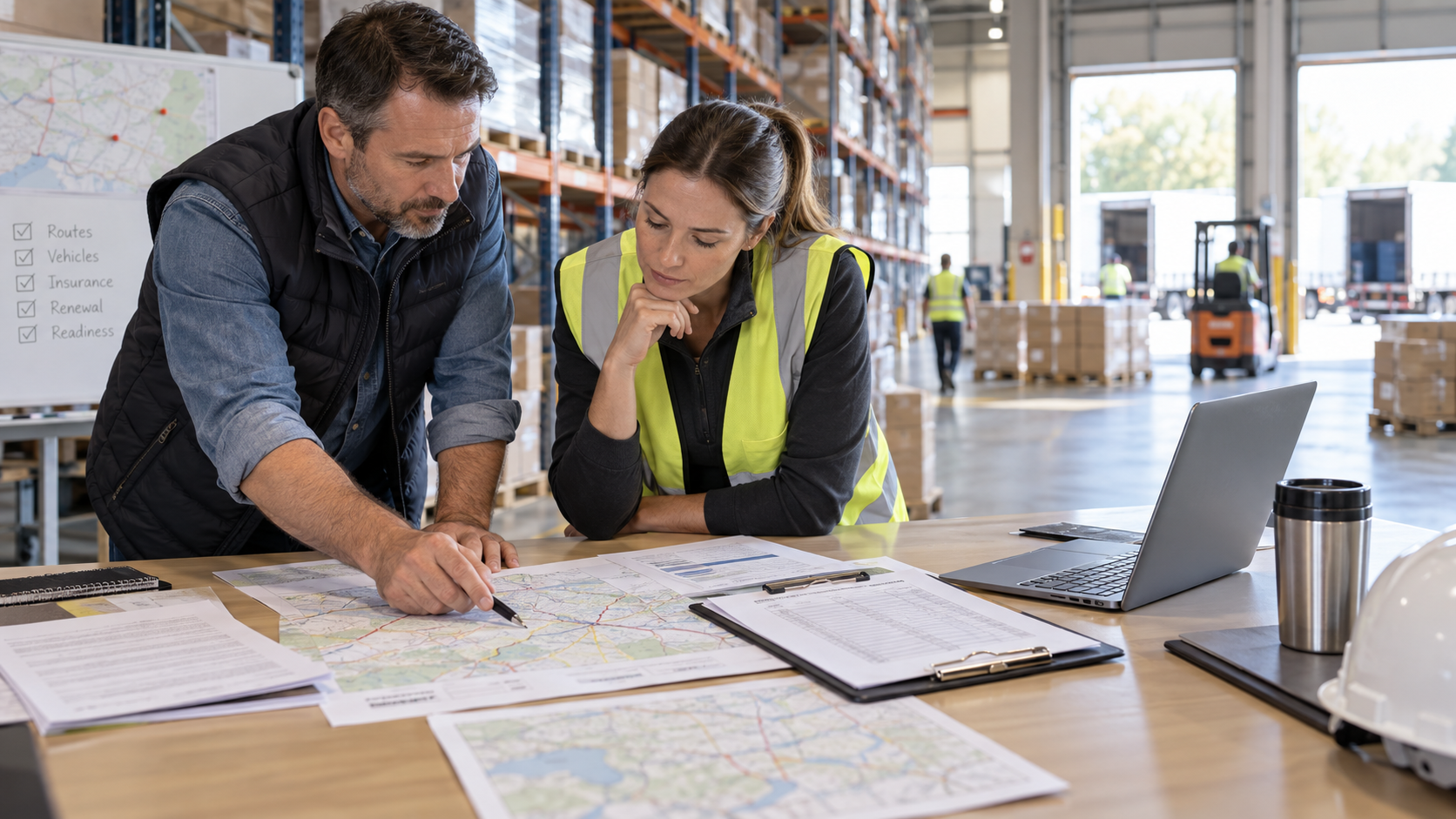 Renewal documents, route plans, and a warehouse plan arranged on a desk.
