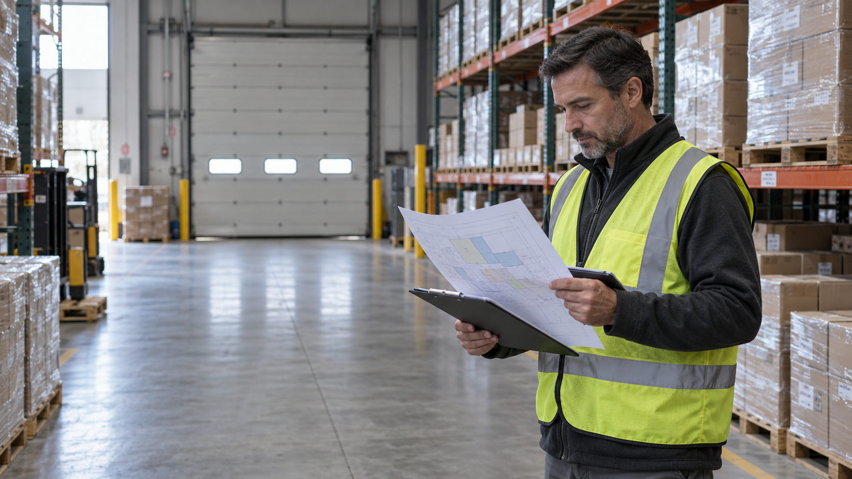A warehouse operations plan beside a loading-bay map.