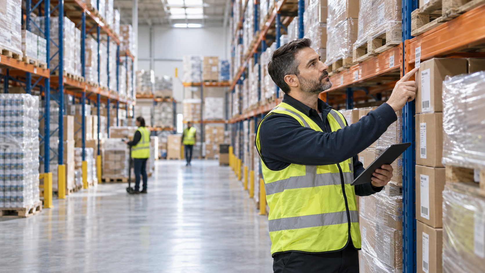 Stacked cartons and pallet racking in an organized warehouse aisle.