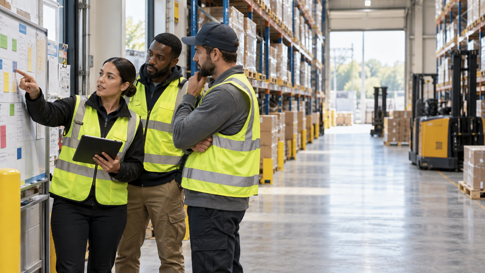 Warehouse colleagues reviewing a shift board near a loading area.