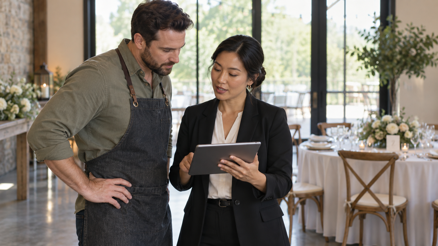 Business owner and venue manager reviewing a certificate request on a tablet.