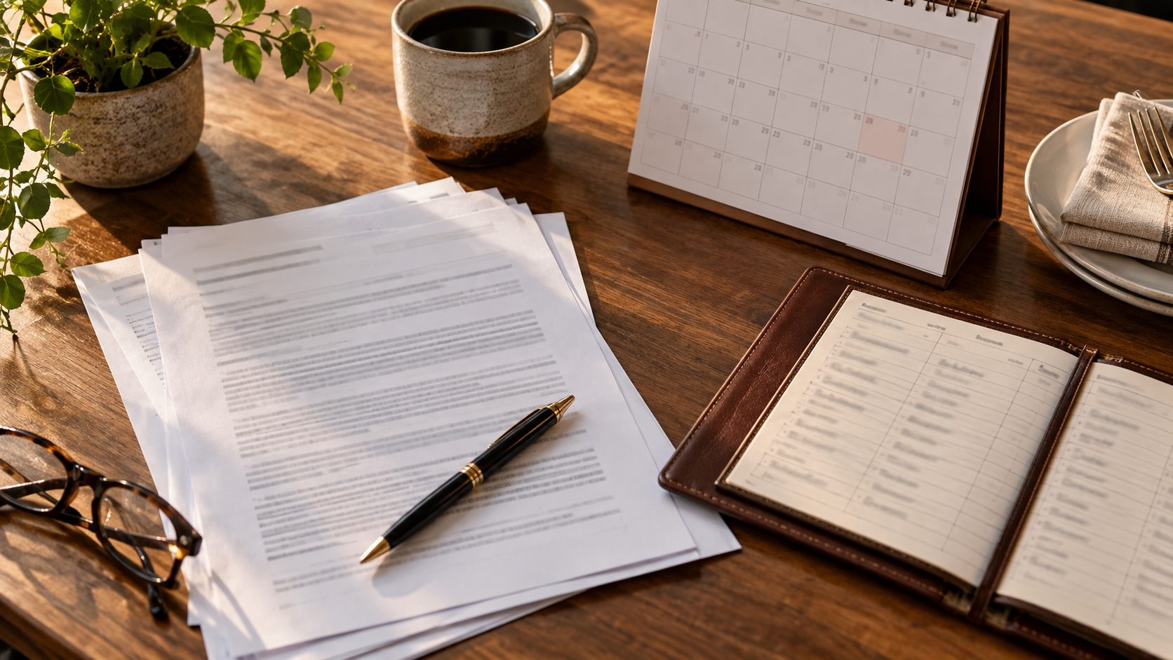 Calendar, policy declarations, and a restaurant reservation book on a table.
