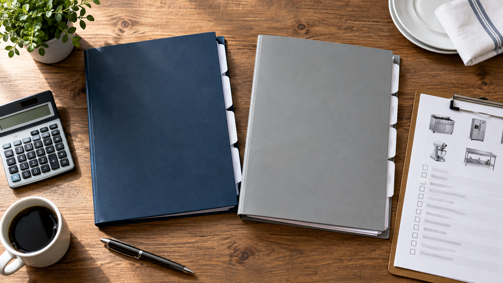 Two insurance proposal folders beside a calculator and restaurant equipment list.