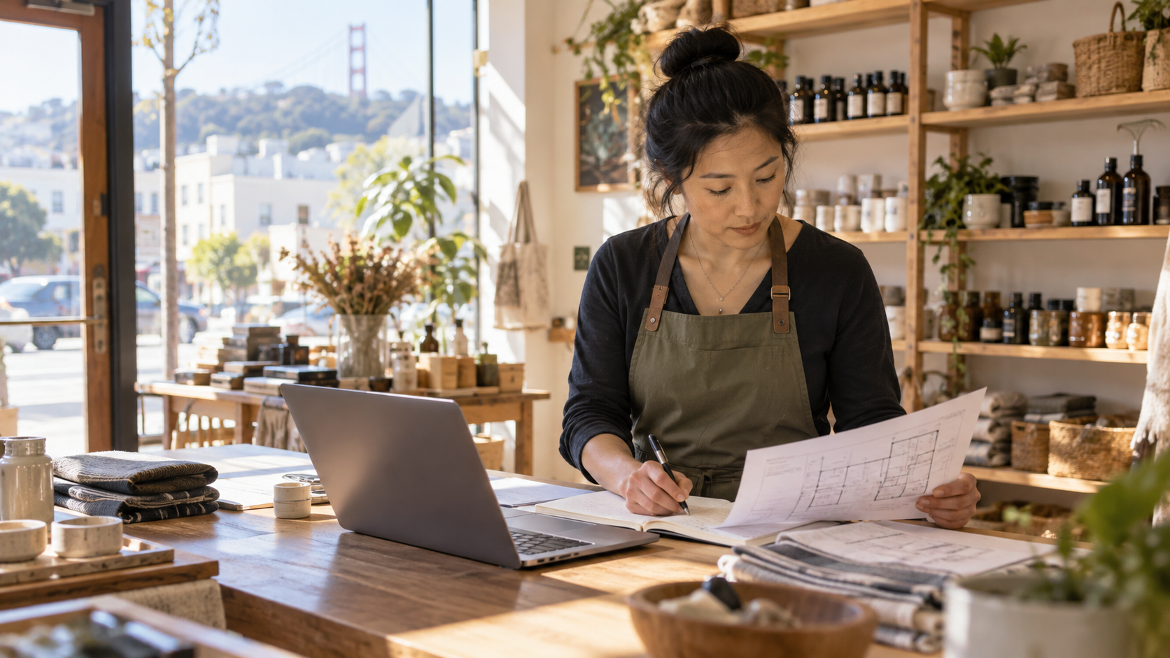 Shop owner reviewing inventory and a floor plan at a sunlit counter.