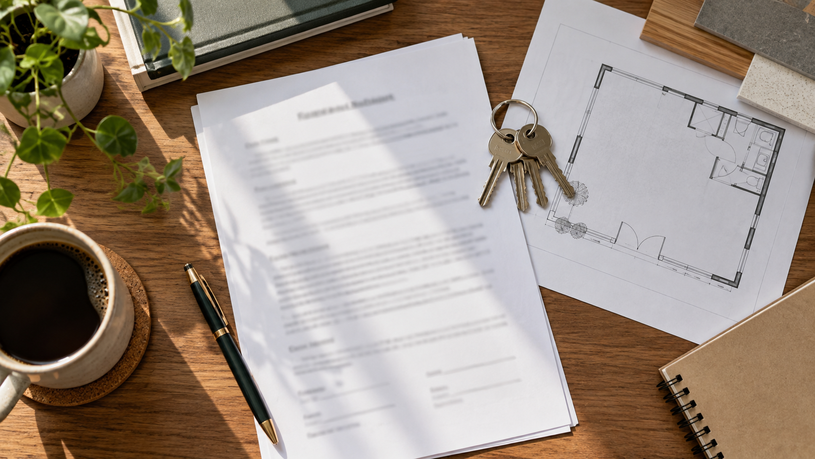 Commercial lease, keys, and a small shop floor plan on a desk.
