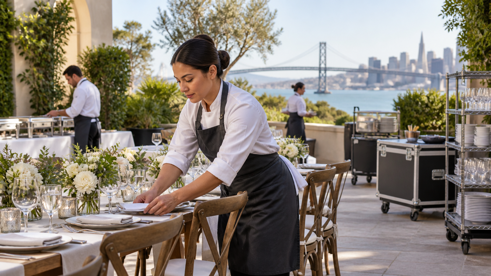 Caterer preparing an unbranded event table at a bright outdoor venue.