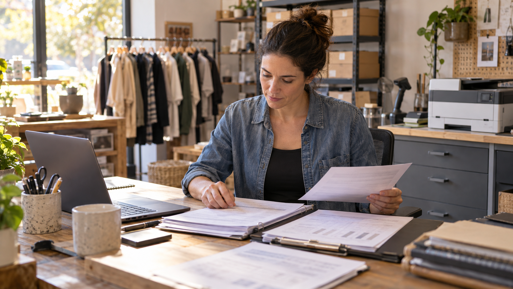 Shop owner assembling inventory reports, lease papers, and equipment records.