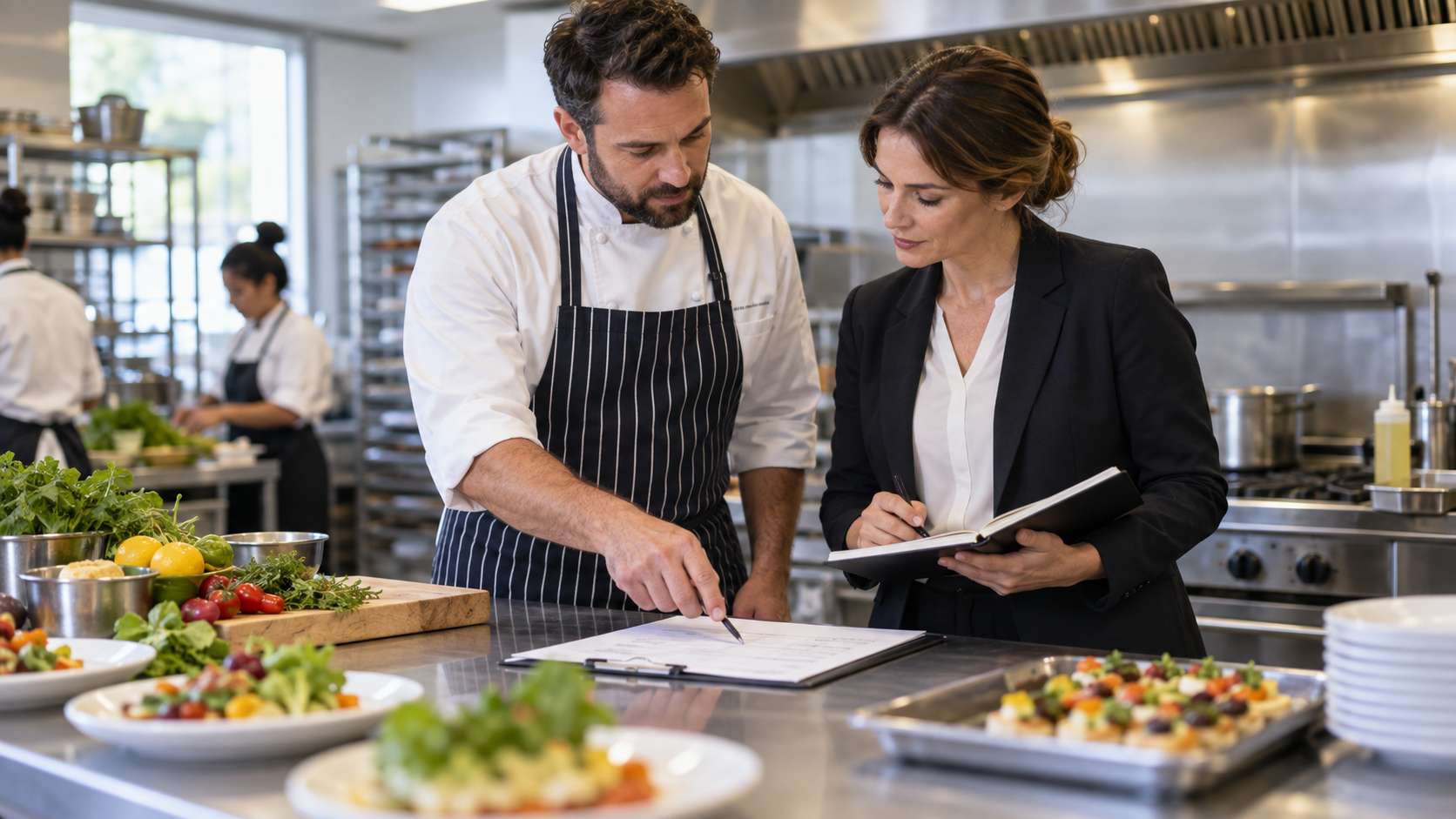 Chef and shop owner reviewing a catering scope beside menu planning notes.
