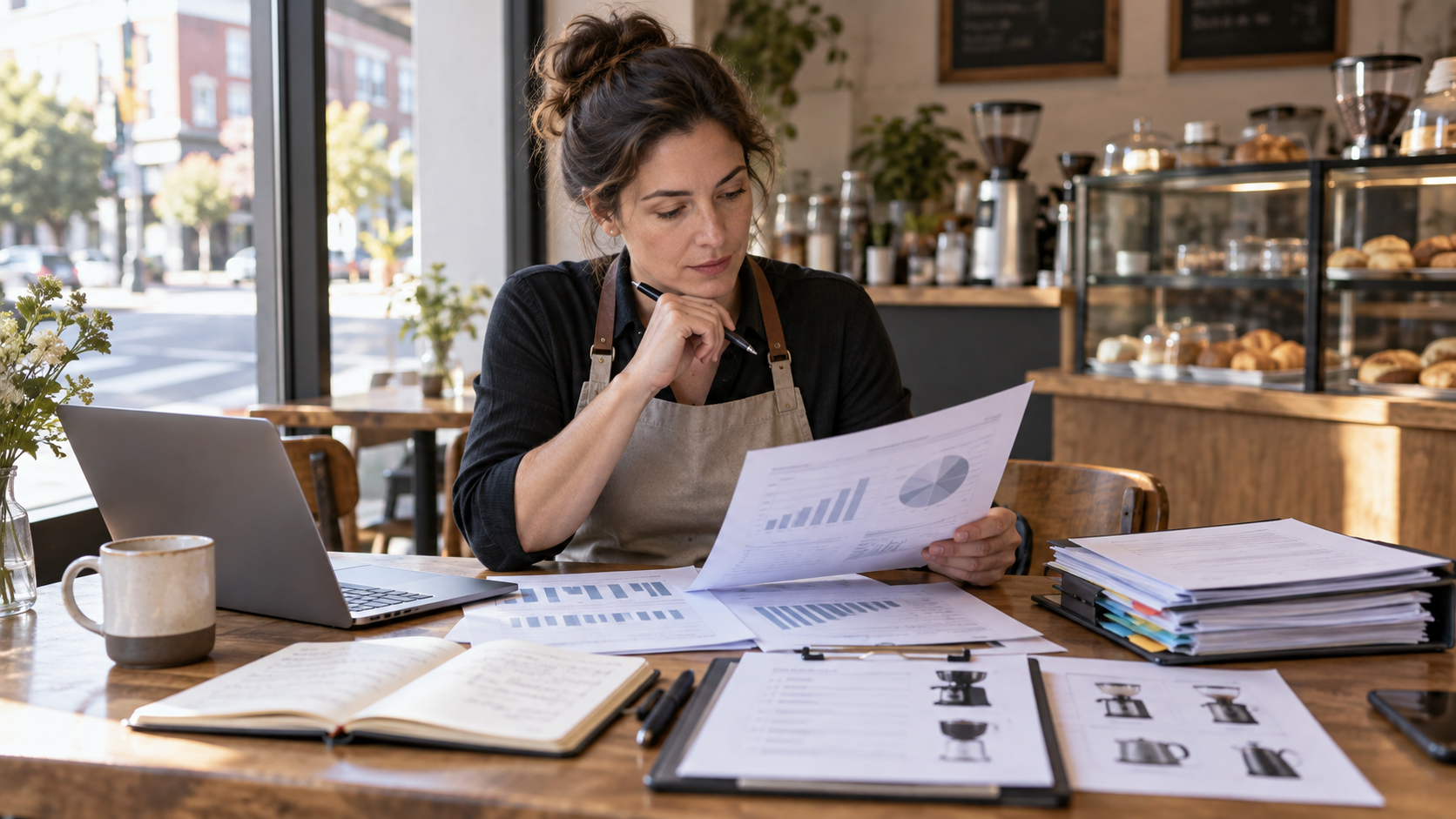 Owner reviewing sales reports, equipment list, and policy documents at a café table.