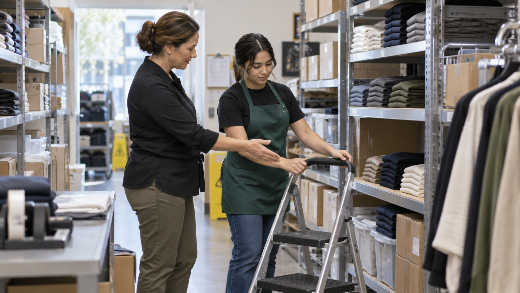 Retail manager training a new employee in a stockroom with safety gear nearby.