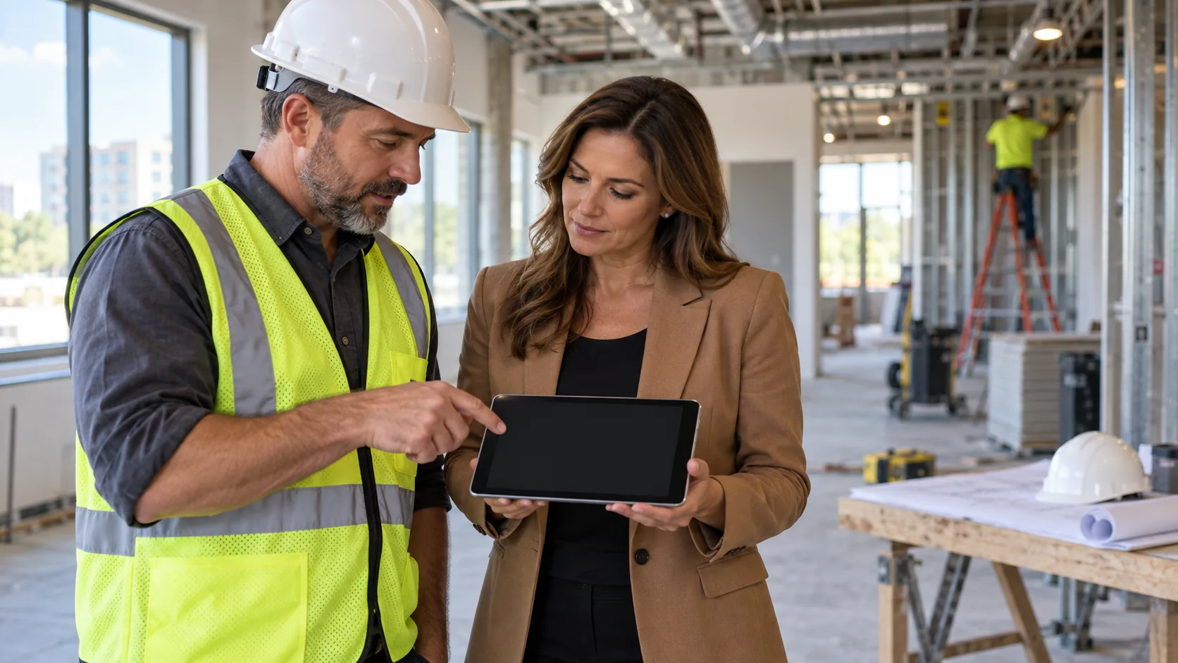 Contractor and client reviewing a certificate request on a blank tablet screen.