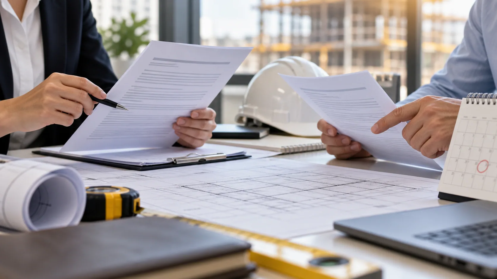Close-up of policy documents and a calendar on a construction conference table.