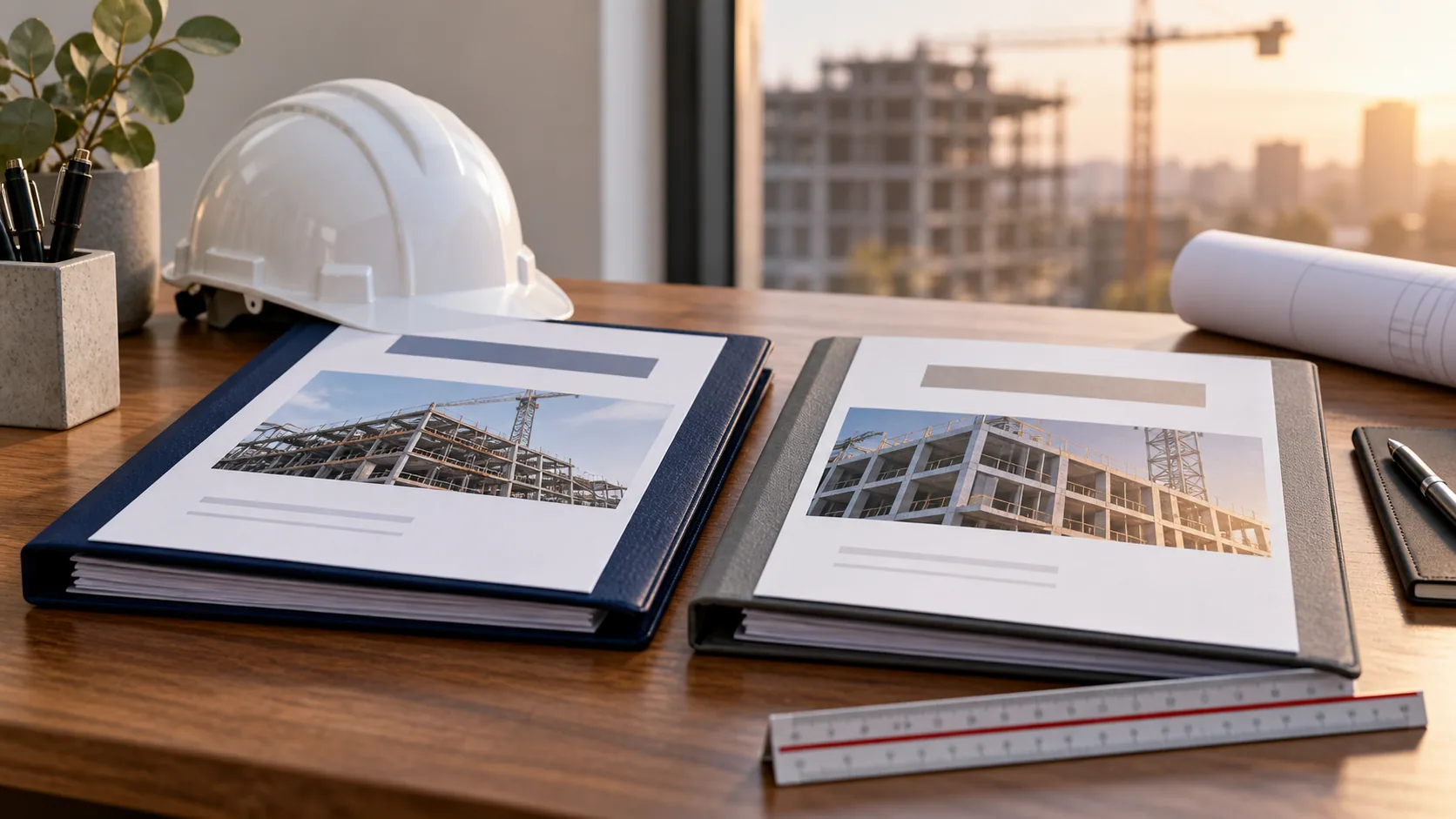 Construction proposal folders compared beside a hard hat and scale ruler.