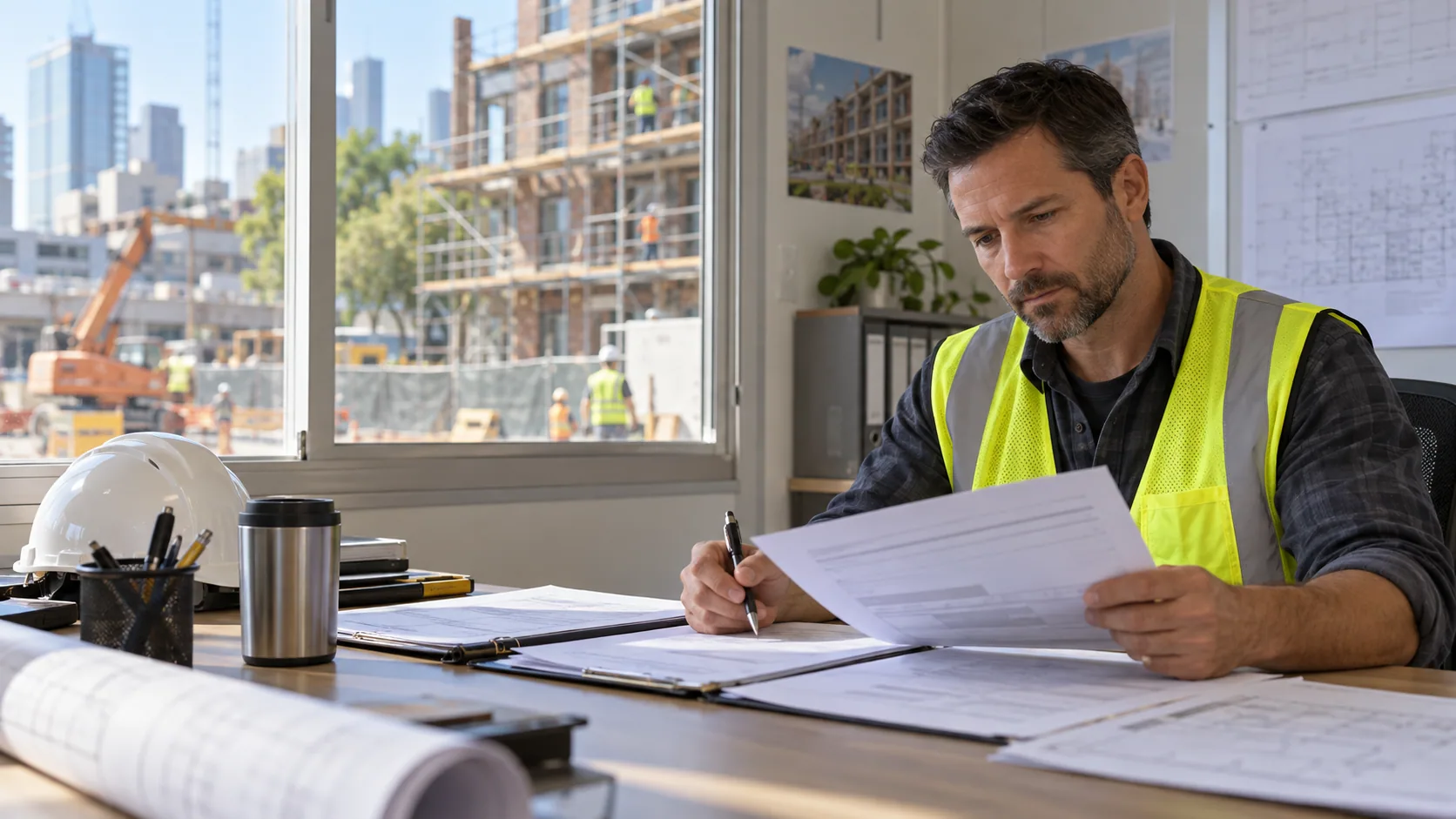 General contractor reviewing a construction agreement and certificate in a jobsite trailer.