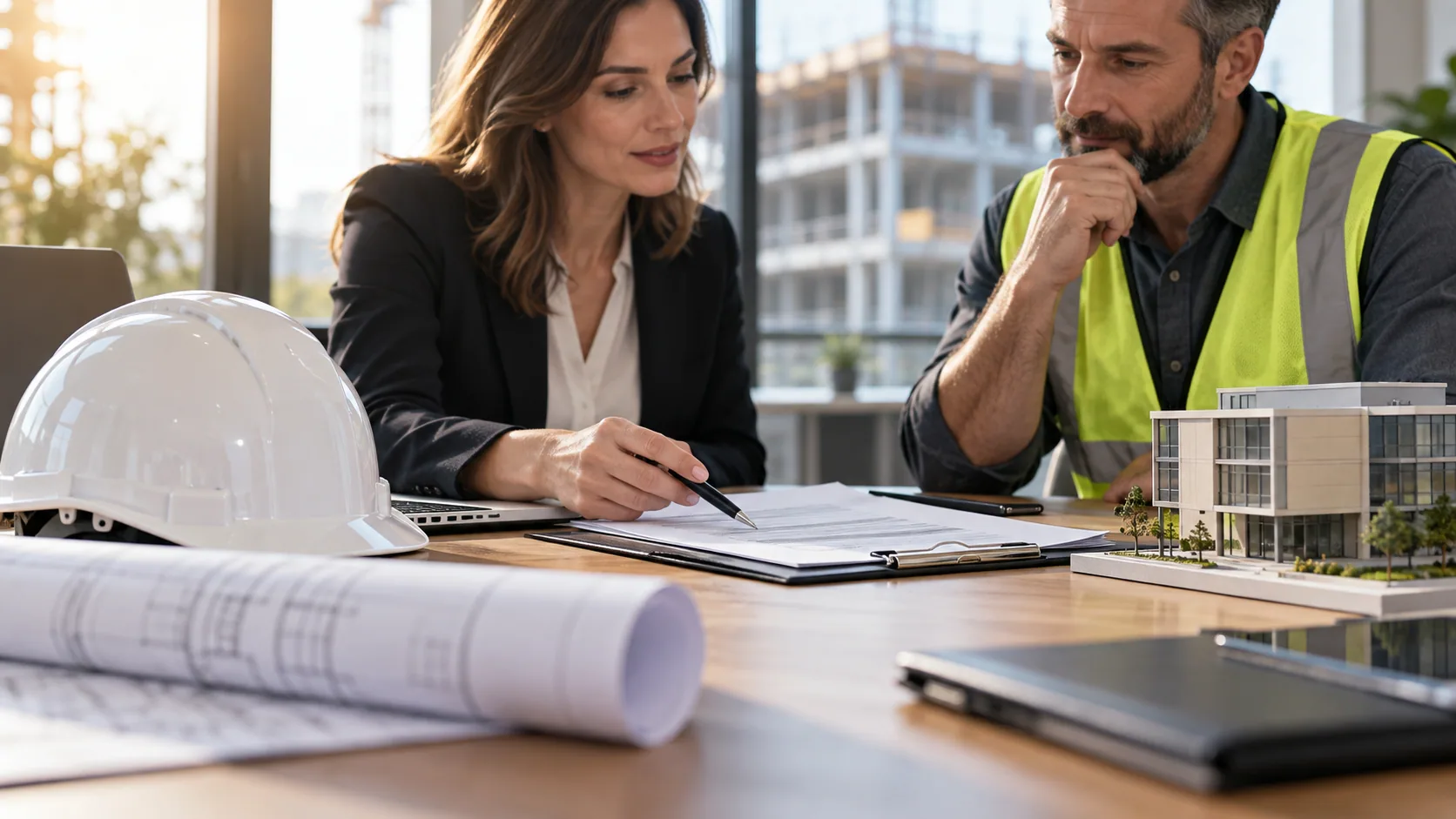 Commercial lease review with construction plans and a hard hat on a desk.