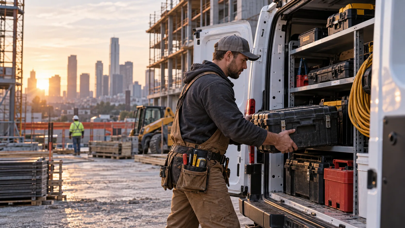 Trade contractor loading organized tools into a service van outside a jobsite.
