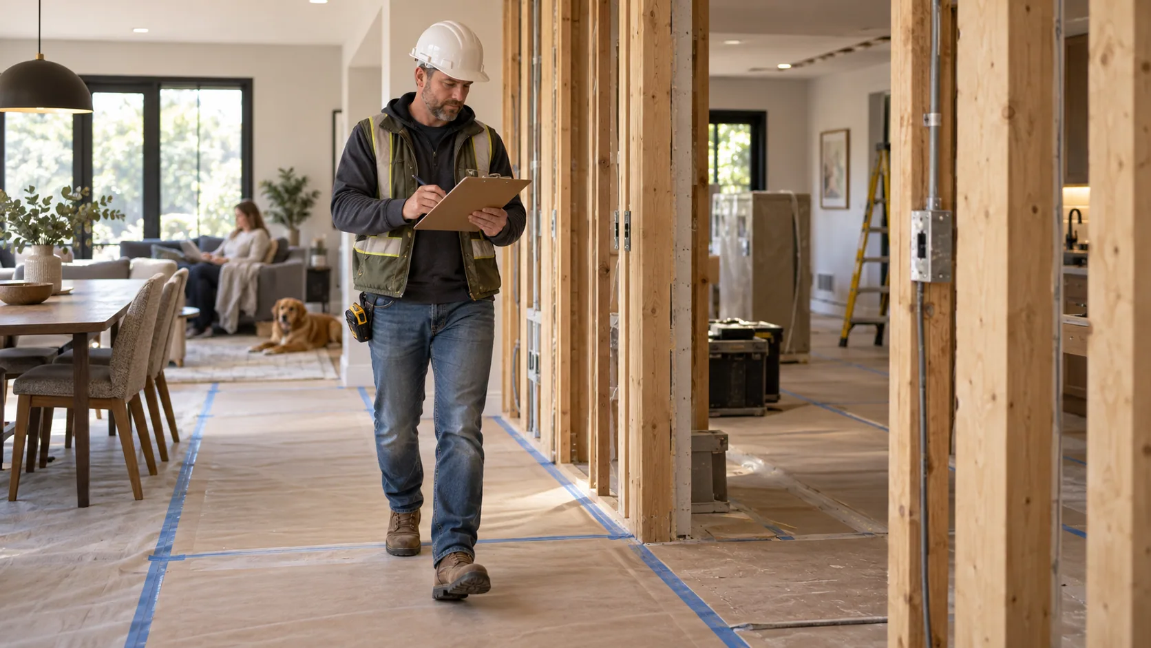 Contractor walking an occupied renovation with a site checklist.