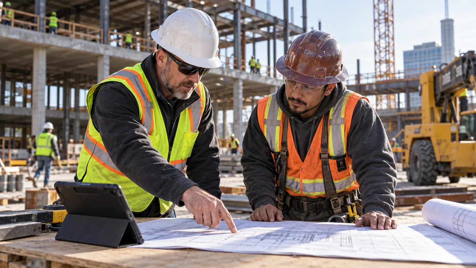 A contractor and subcontractor reviewing a scope drawing at a commercial jobsite.