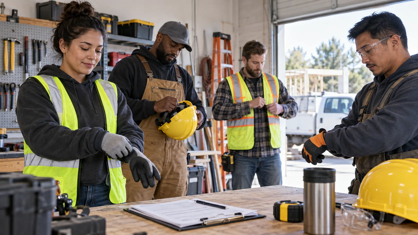 Construction crew preparing safety gear in a workshop.