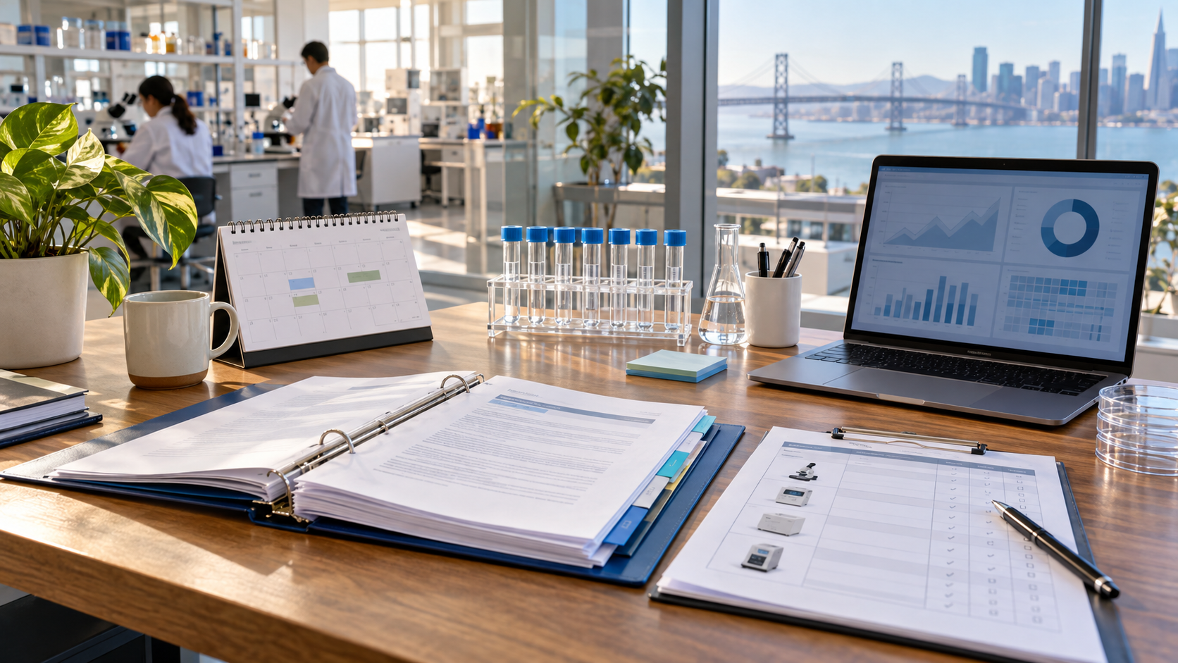 A stylized calendar and laboratory documents arranged into a commercial insurance renewal folder.