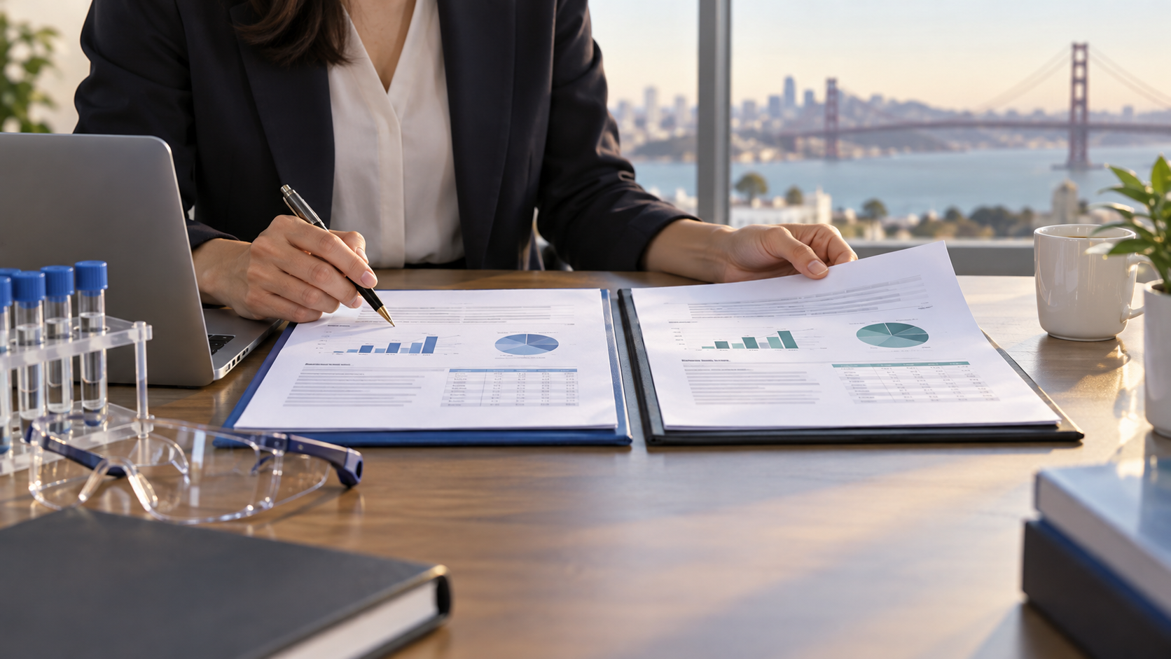 A stylized side-by-side insurance proposal table with limits, exclusions, and laboratory business priorities.