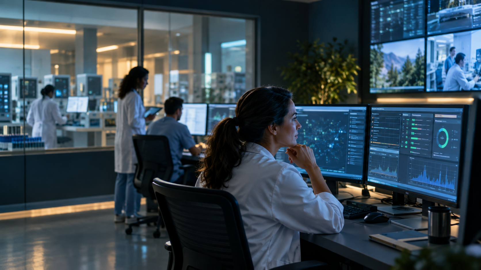 A stylized cyber incident dashboard with laboratory systems, recovery steps, and a business interruption timeline.