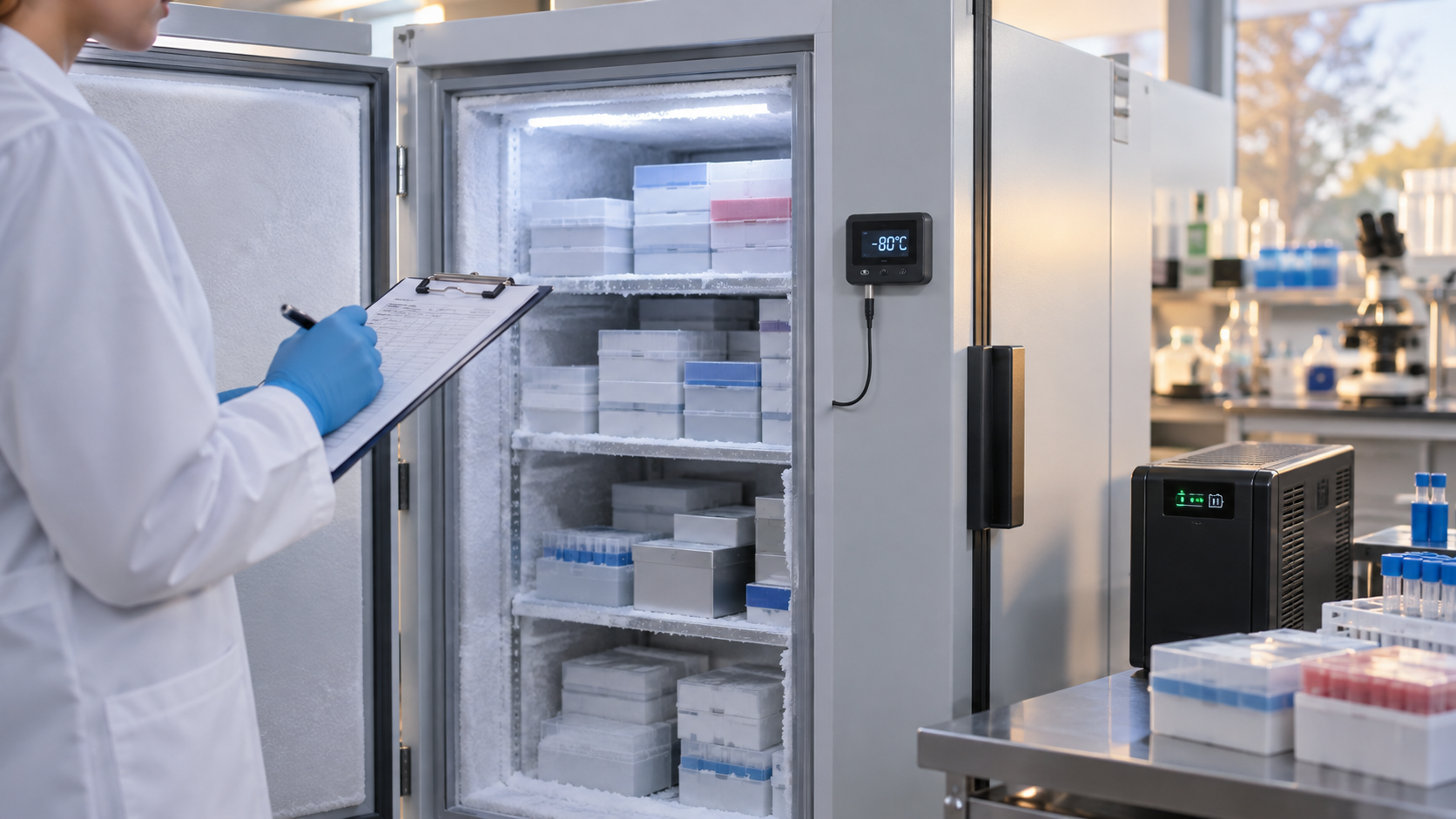 A stylized laboratory freezer with temperature indicators, backup power, and a property policy document.