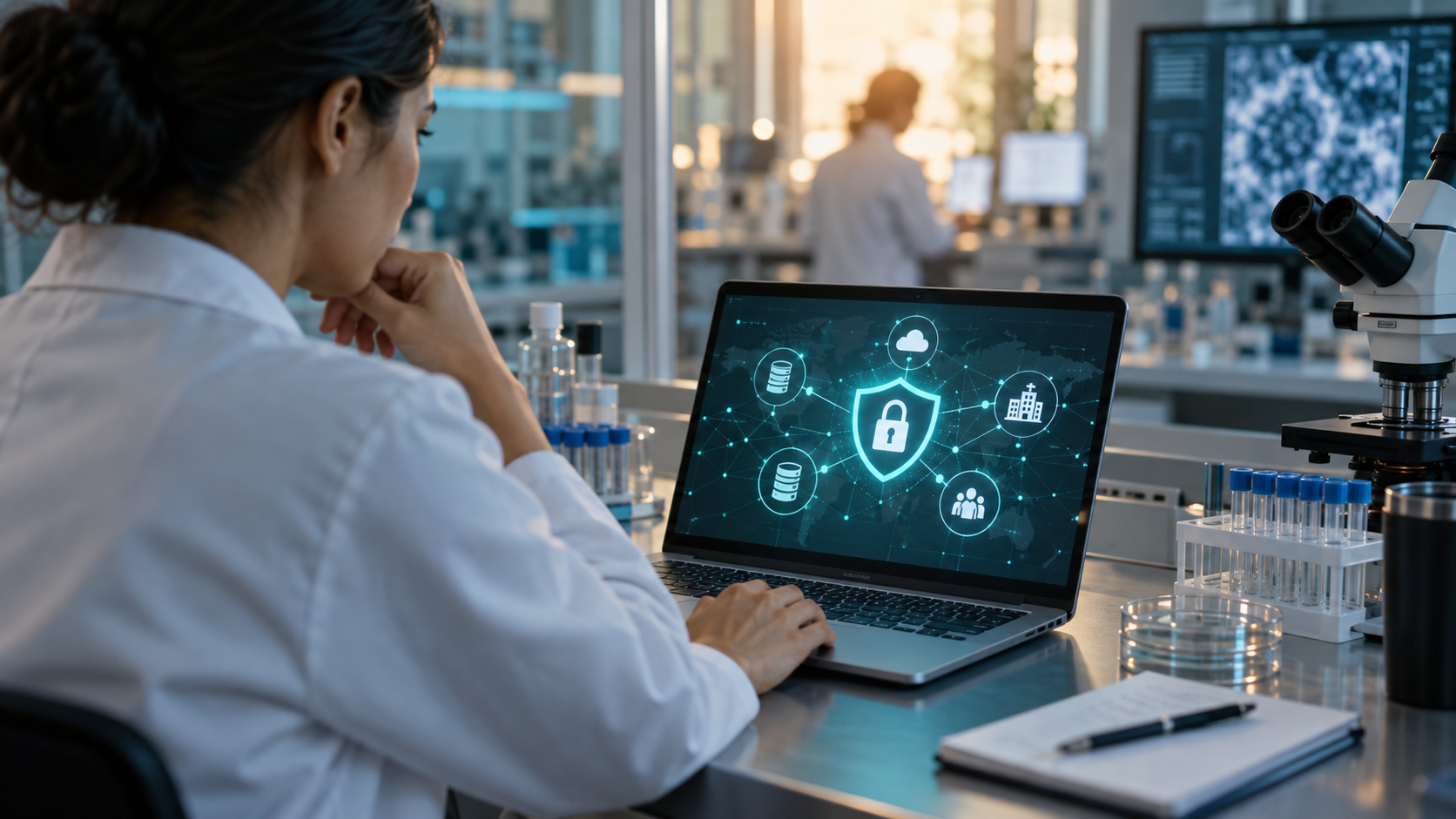 A stylized secure data network linking a healthcare record, laboratory system, and vendor cloud.