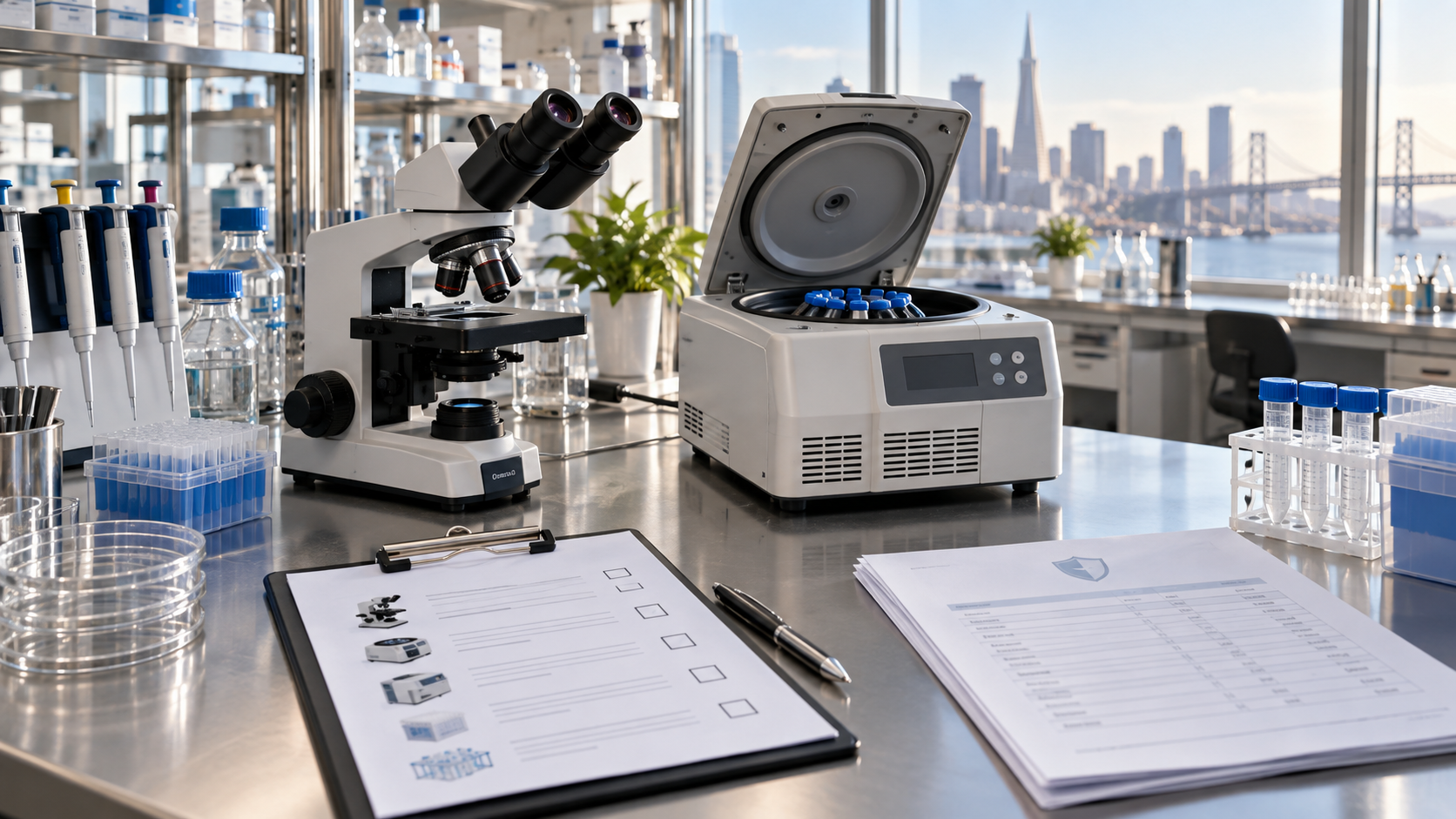 A stylized laboratory bench with equipment inventory cards and a property checklist.
