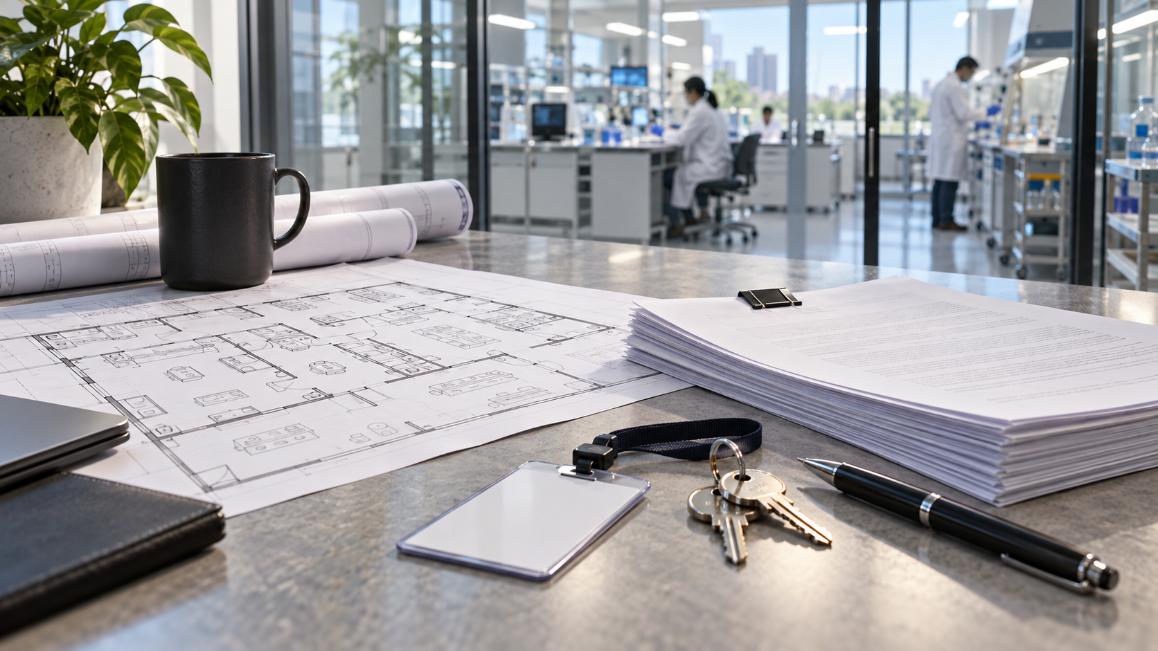 A stylized laboratory lease checklist with building keys, certificate paper, and property icons.