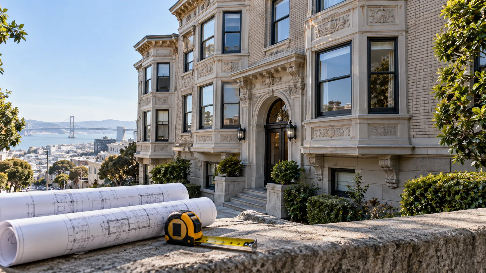 Masonry San Francisco building with architectural plans in the foreground