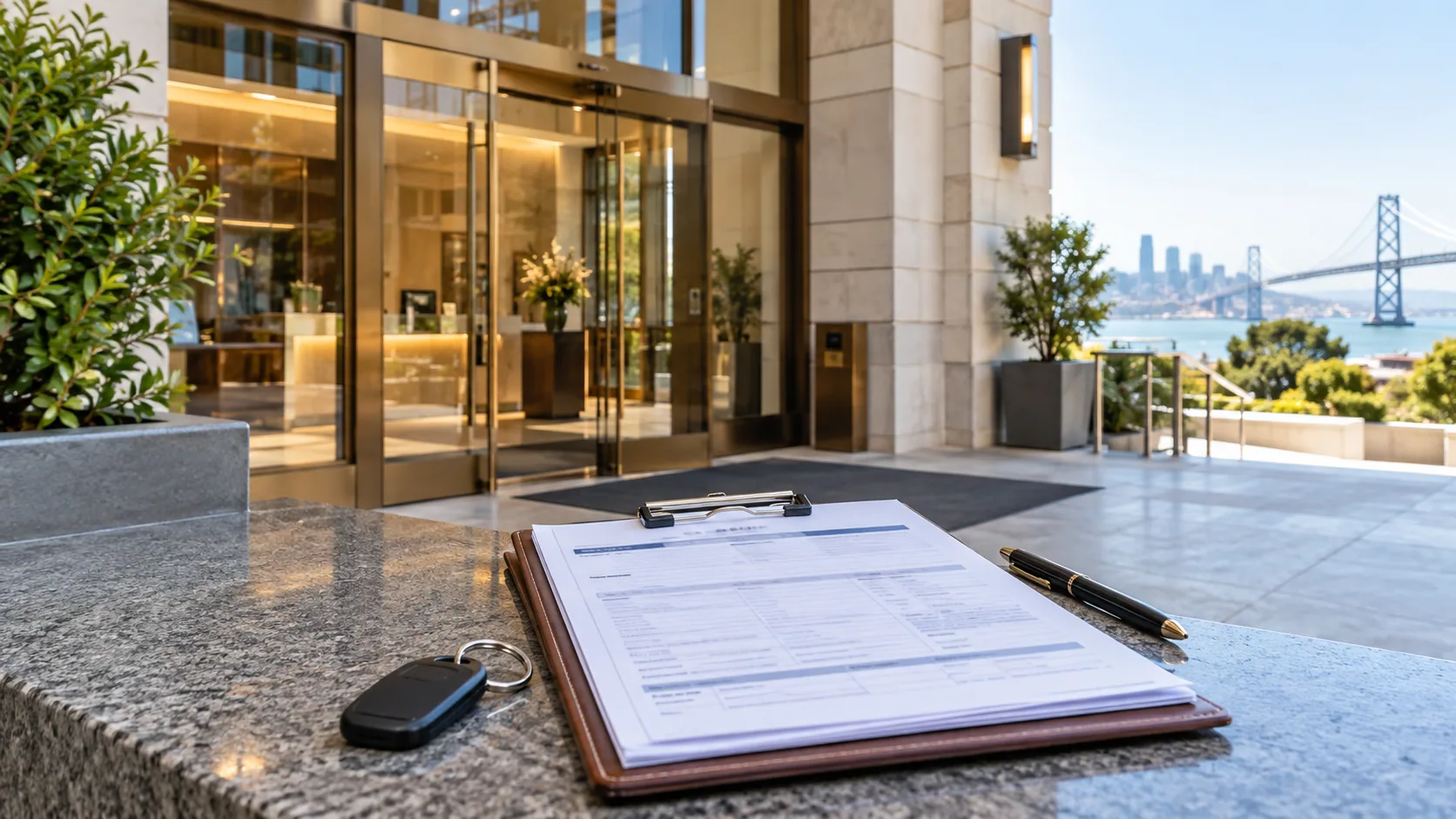 Commercial building entry with certificate documents on a table