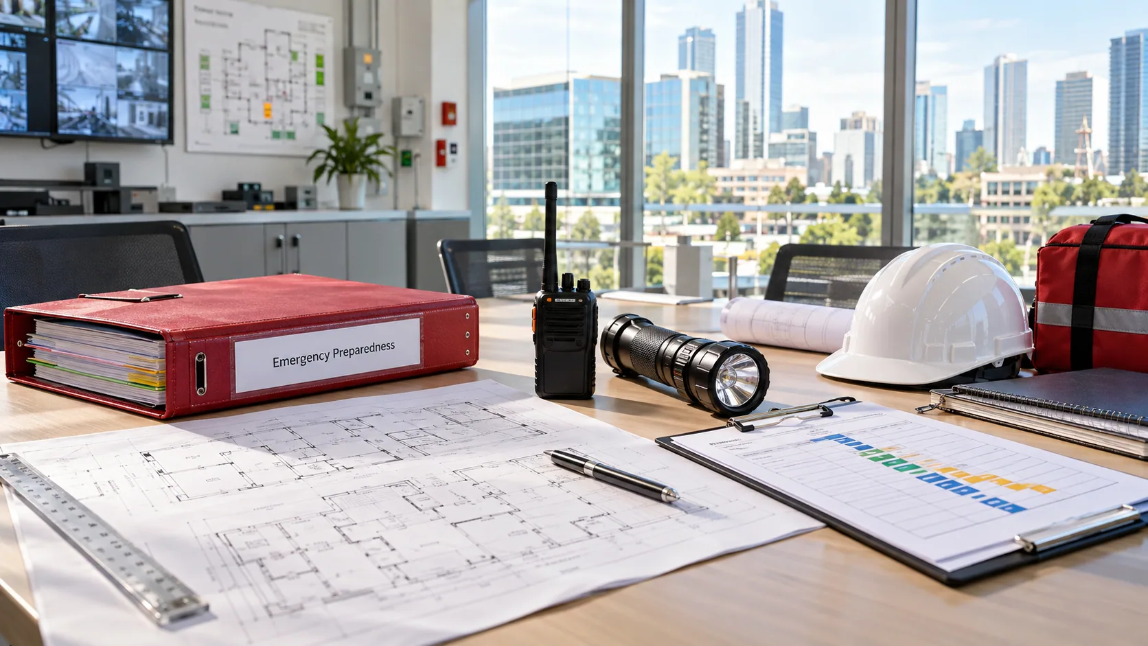 Repair schedule and building documents spread across a desk