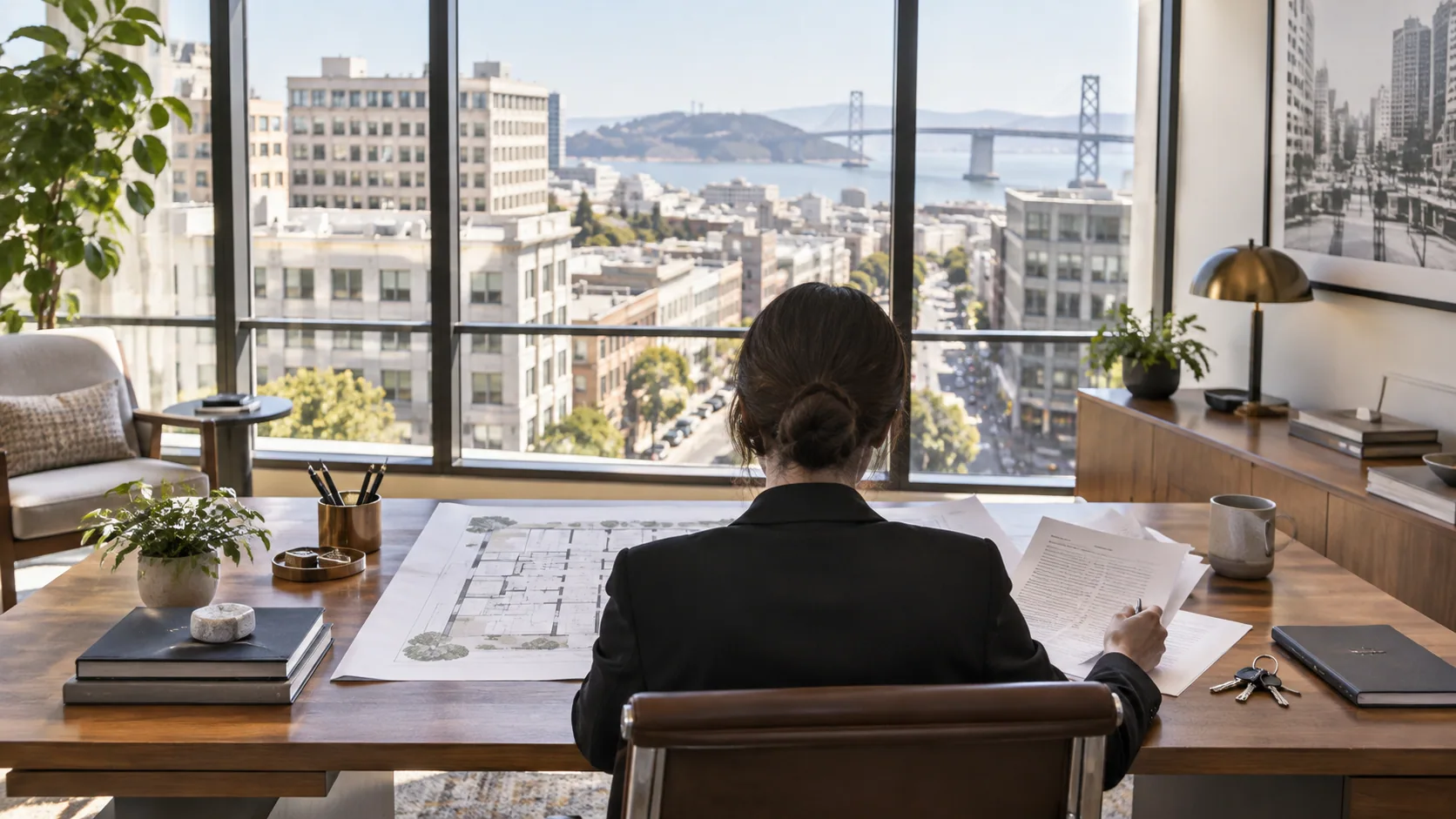 Property manager reviewing documents at a desk with city view