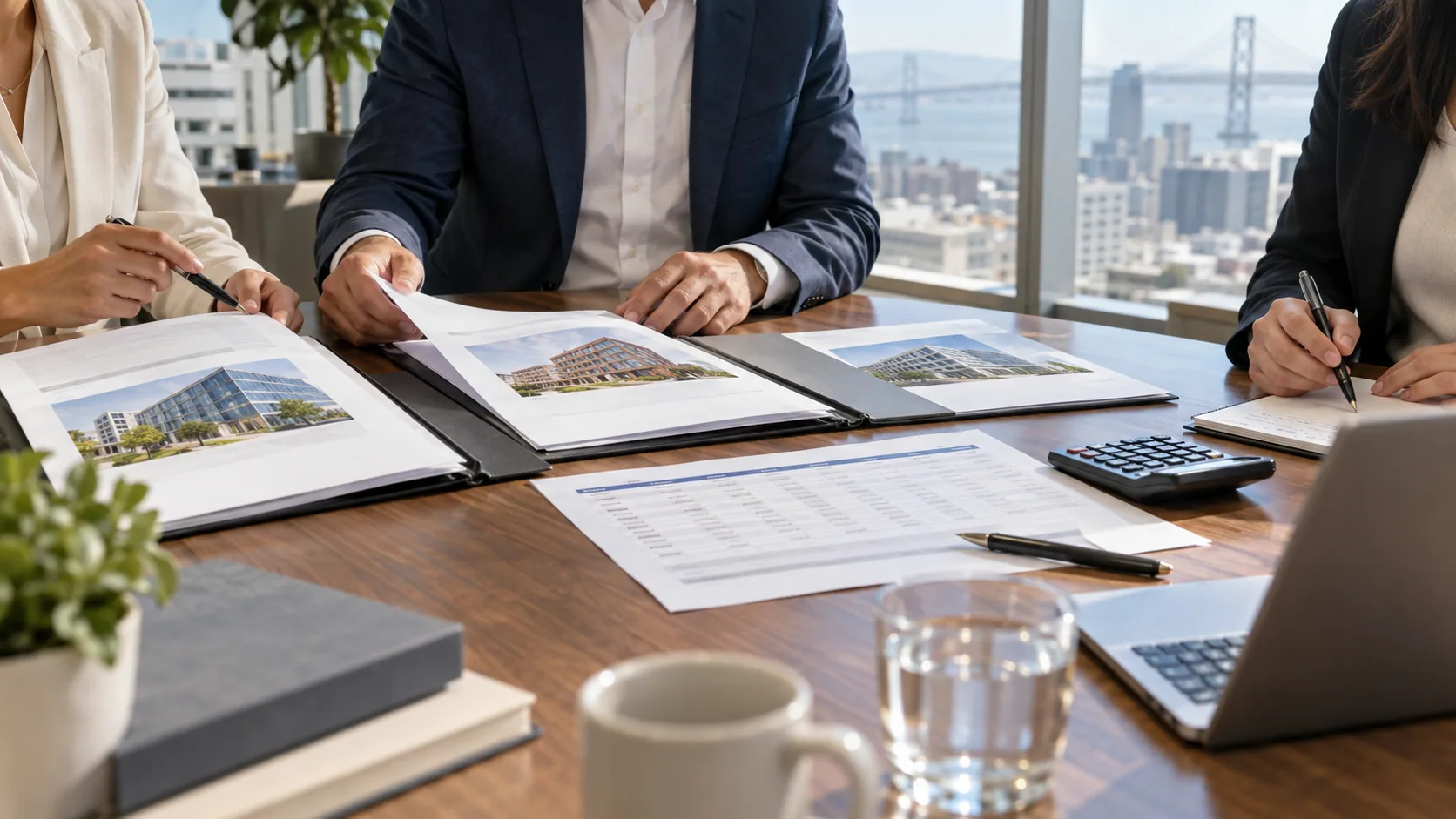 People comparing insurance documents at a conference table