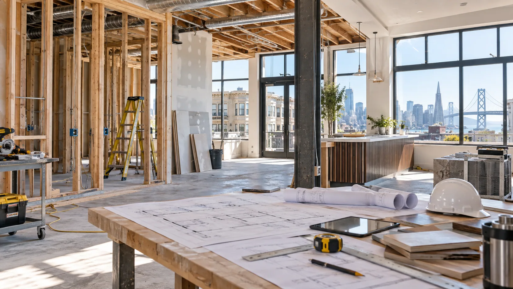 Interior commercial renovation with workers and unfinished framing