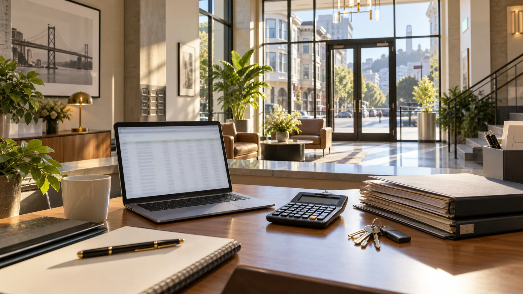 Rent-roll papers and a suite key on a desk overlooking San Francisco