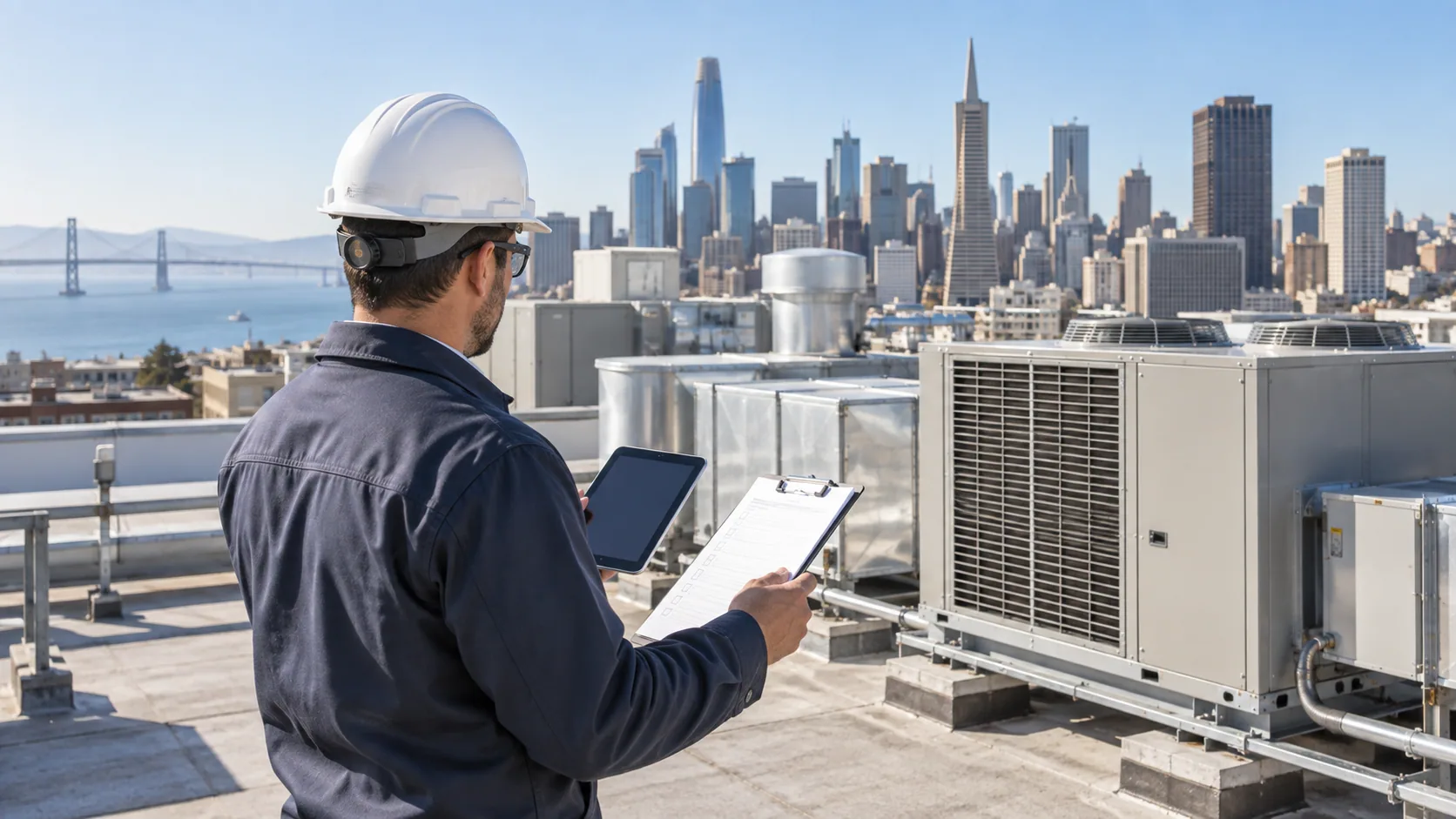 Engineer reviewing rooftop building equipment above San Francisco