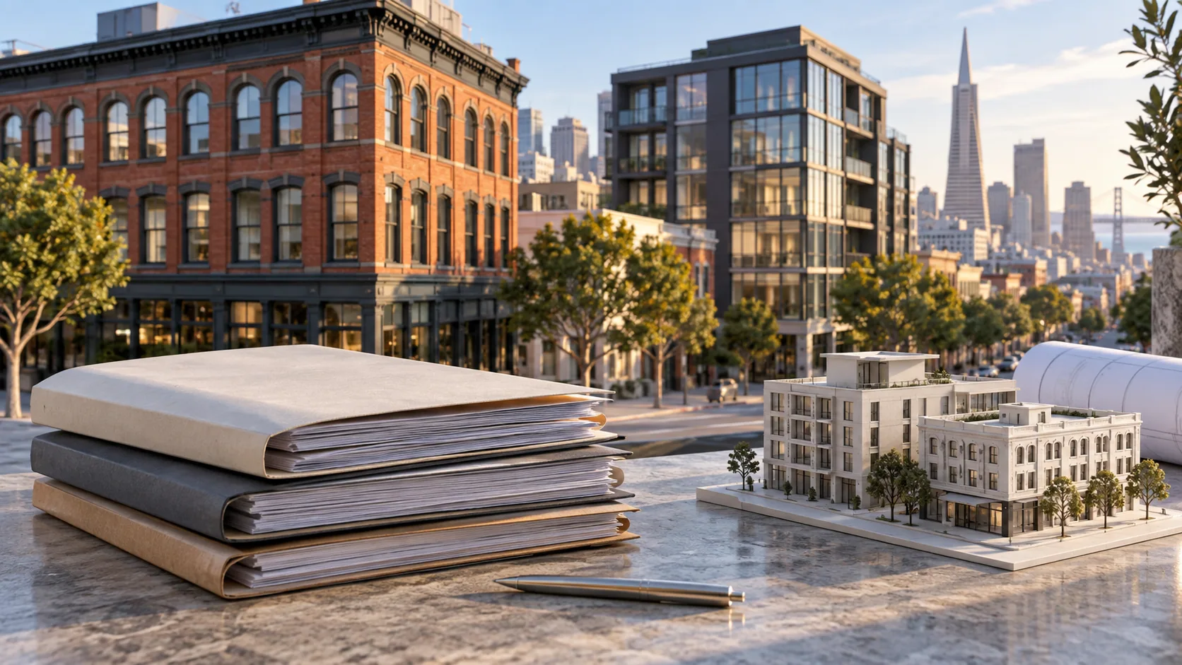 Policy documents in foreground with San Francisco commercial buildings behind