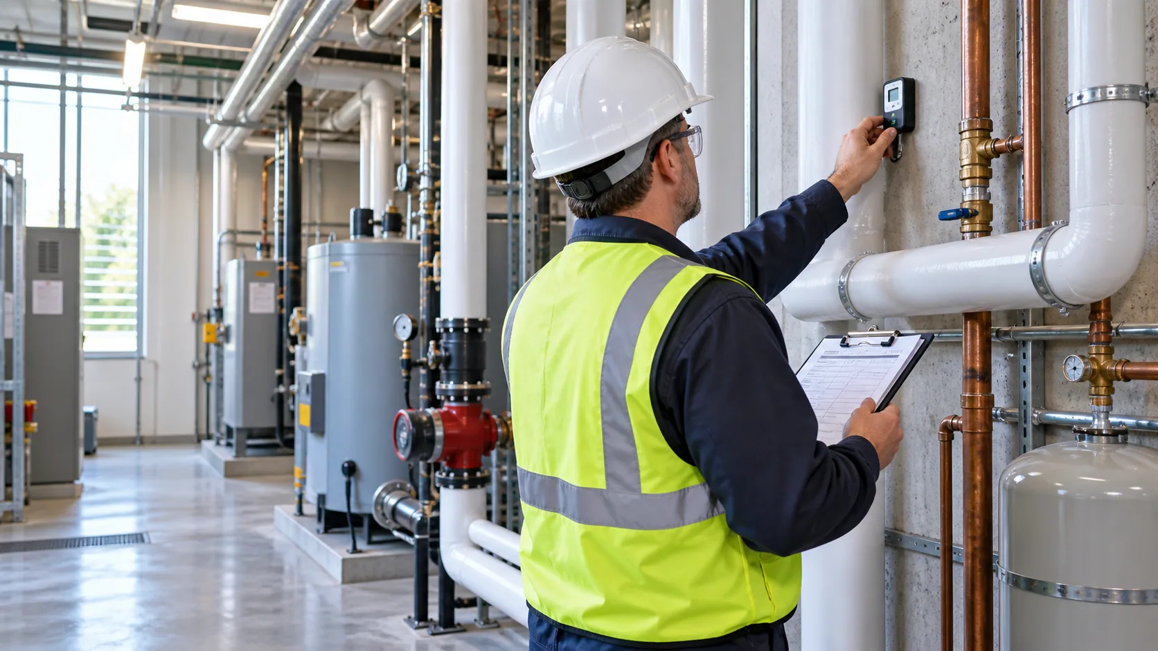 Inspector examining pipes and water in a commercial utility room