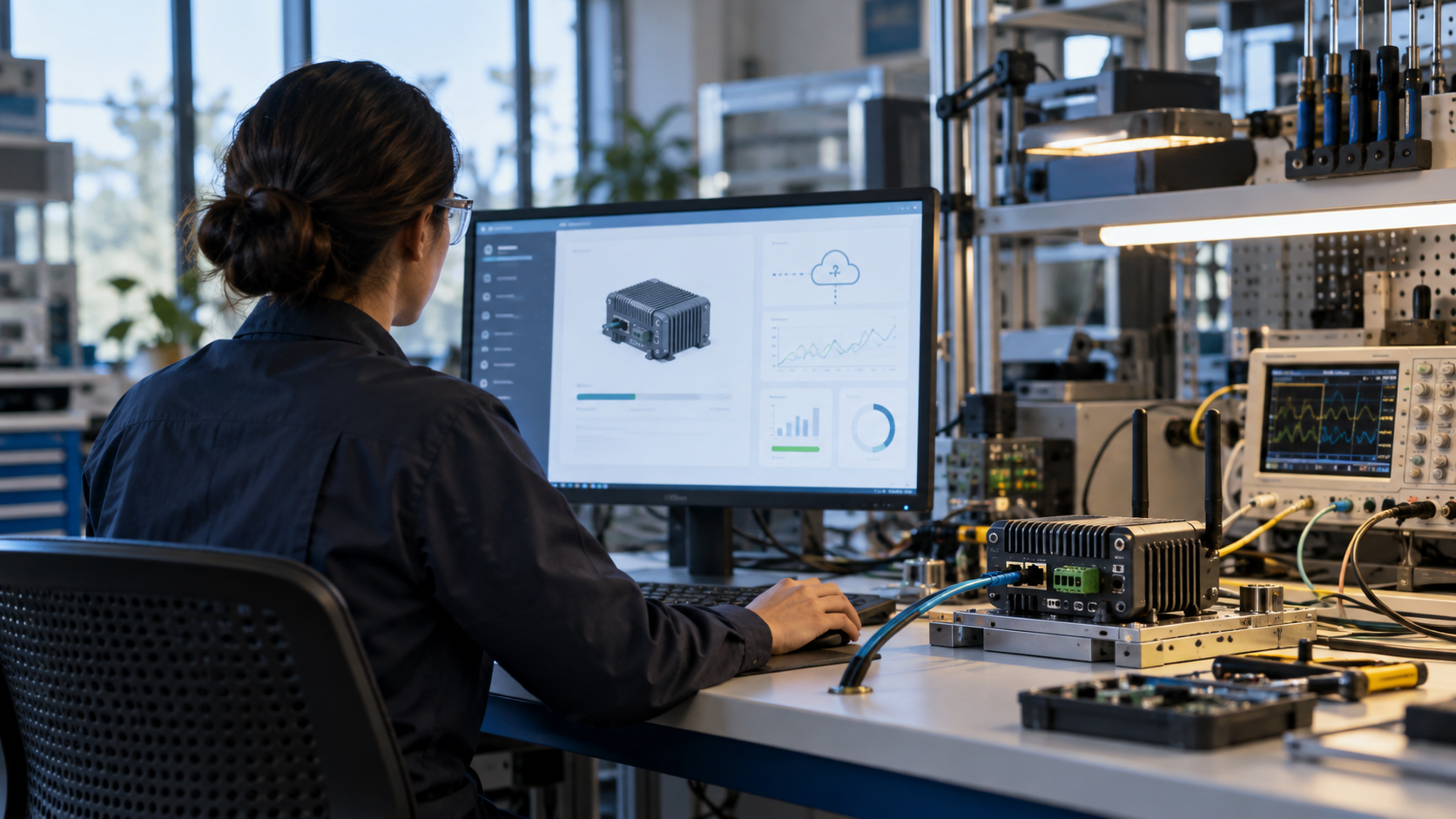 Connected hardware device, customer portal, and secure remote-access diagram.