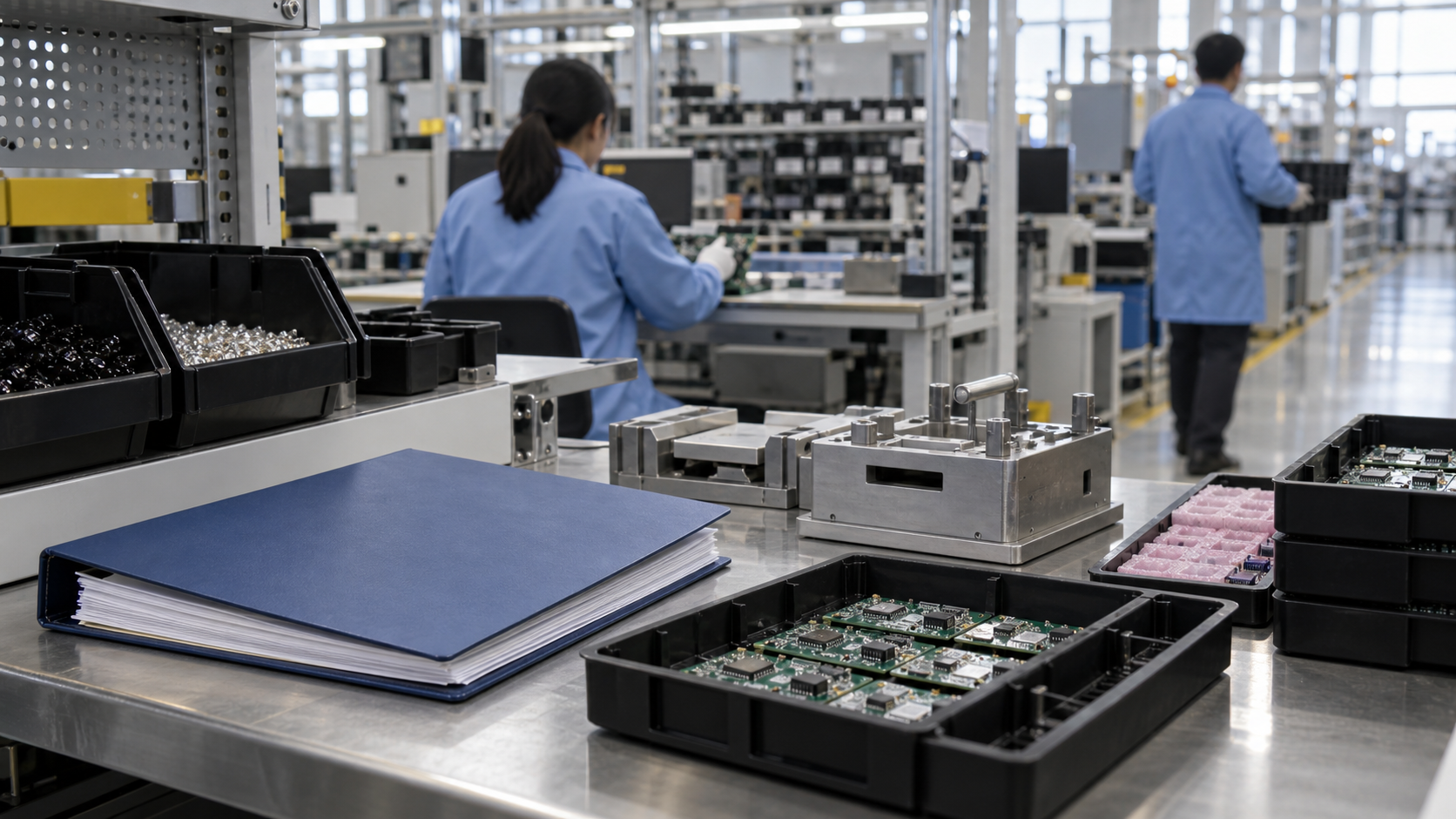 Production agreement and component bins at an outside manufacturing line.