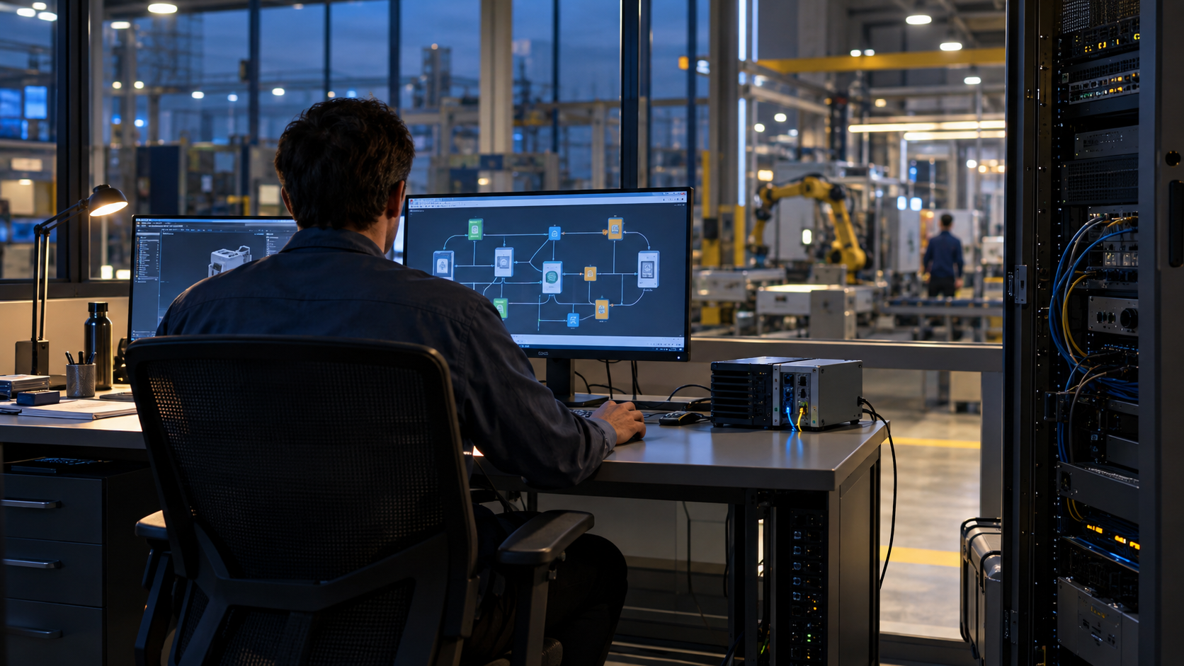 Connected factory devices linked to a vendor and incident-response checklist.