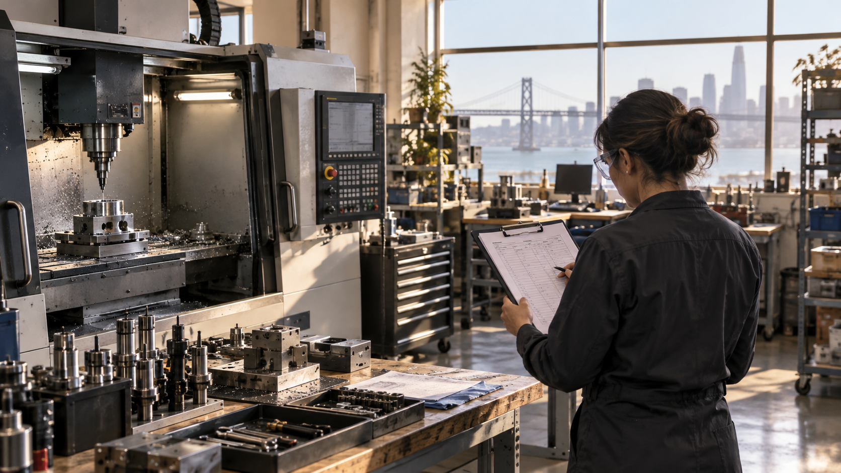 Factory floor equipment beside an organized production asset register.