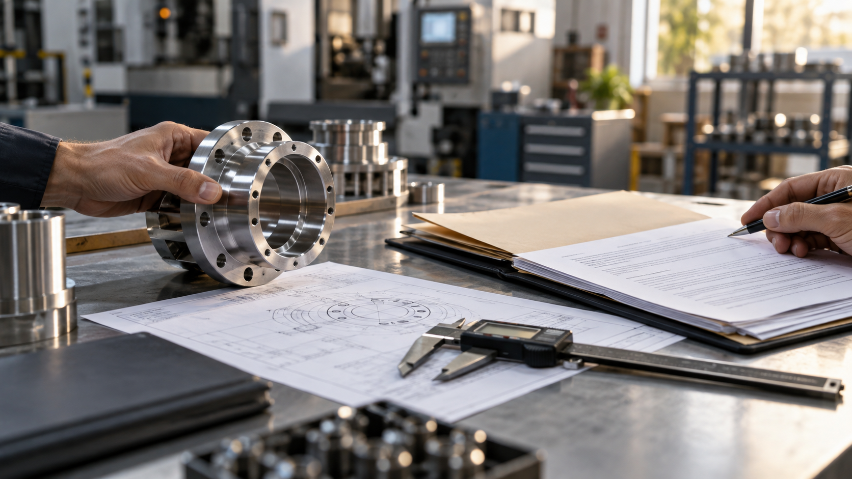 Component drawing, customer contract, and finished product on a worktable.