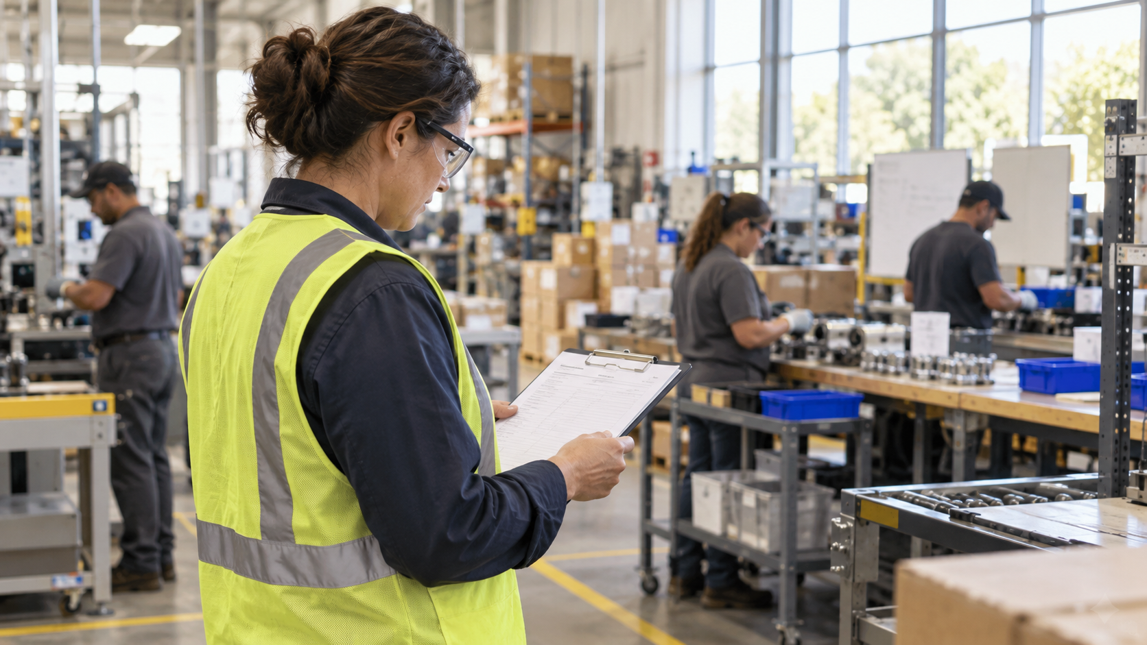 Production supervisor reviewing job-duty payroll records and safety notes.