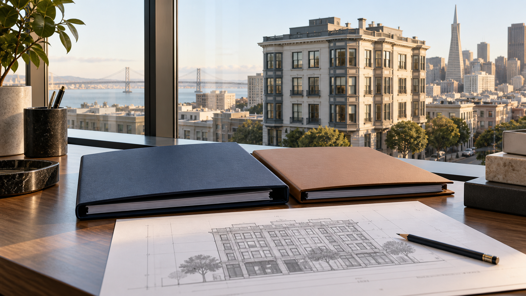 Line illustration of side-by-side policy documents and a building.